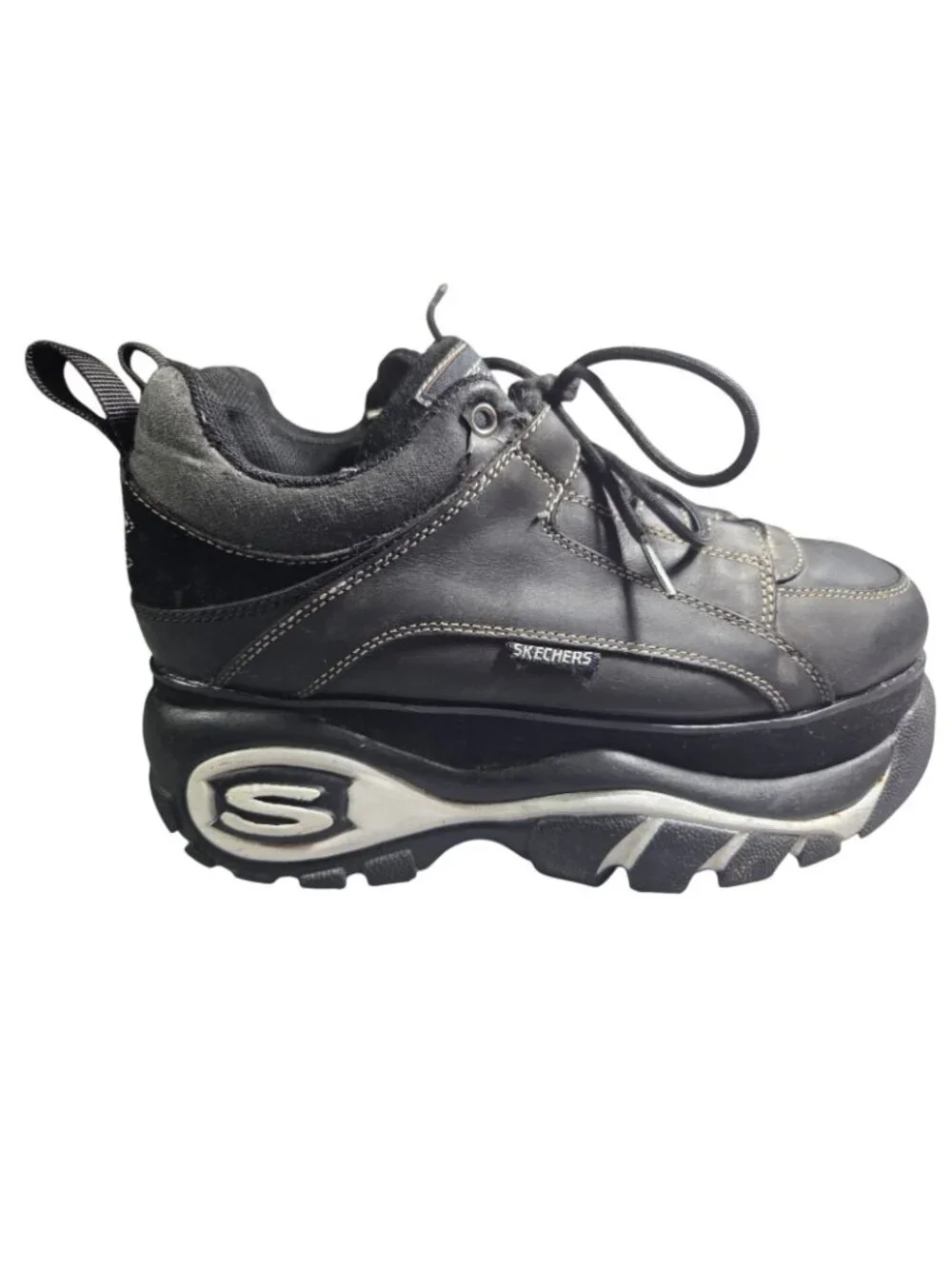 VTG Y2K 90s Mens Skechers Mega Platform Black White Chunky Leather Shoes US 11
